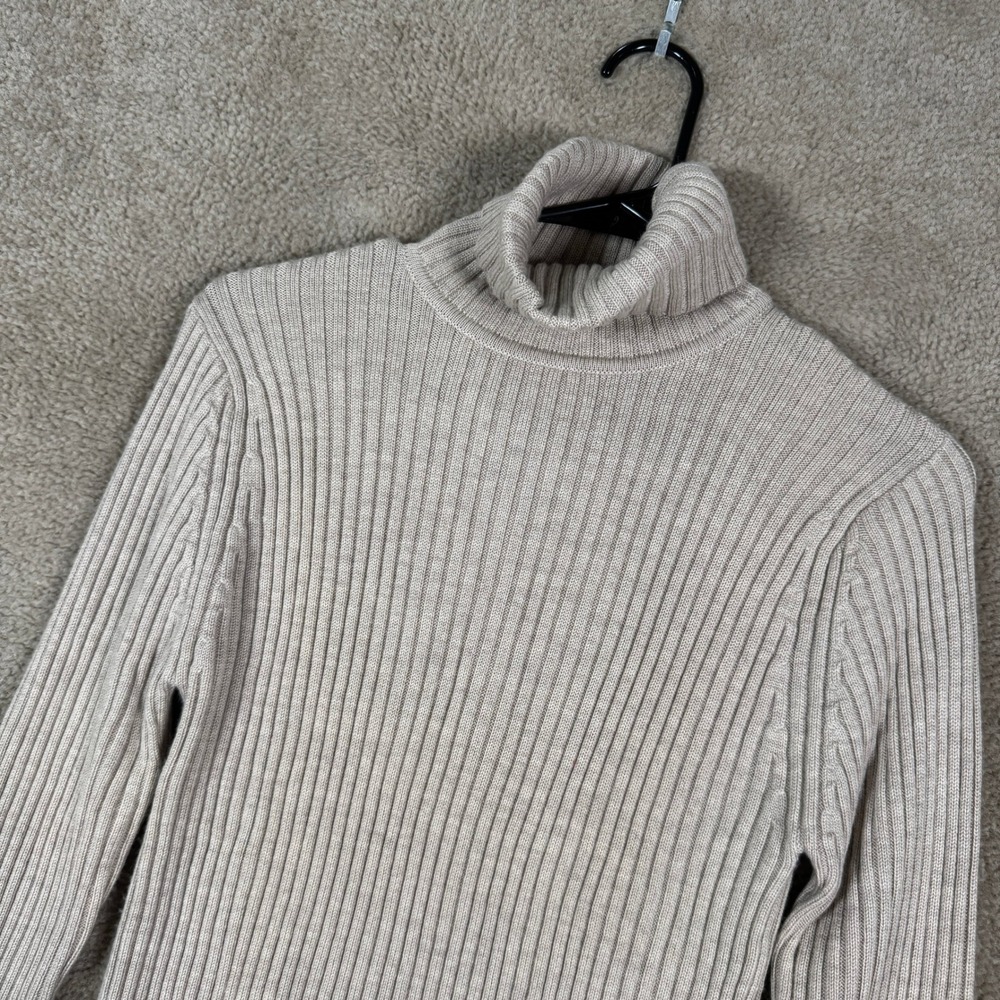 L.L. Bean Turtleneck Sweater Womens Medium Tan 100% Merino Wool Ribbed Knit‎